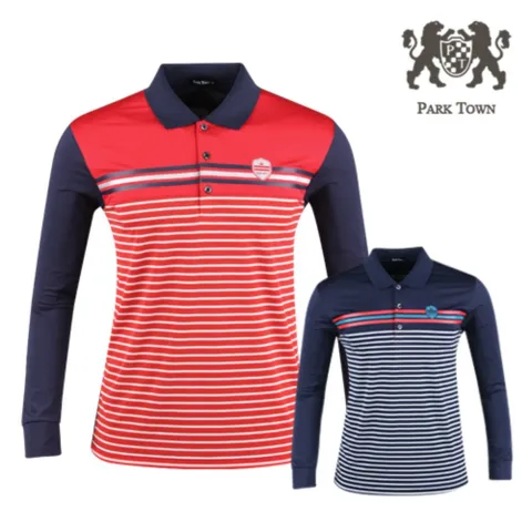 남성 봄 여름 골프웨어 스트라이프 배색 긴팔 티셔츠