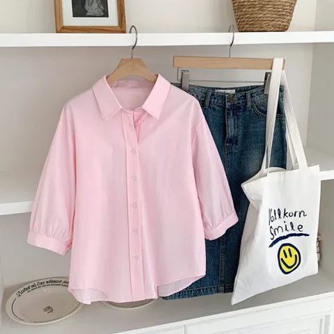 [샵앤] 르메 여성 카라 퍼프7부소매 루즈핏 면 반팔 셔츠 남방 BONG-WNB-3210-핑크