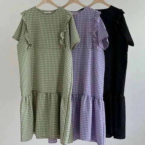 [하프클럽] 여성 격자 큰사이즈 귀여운 시어서커 롱드레스