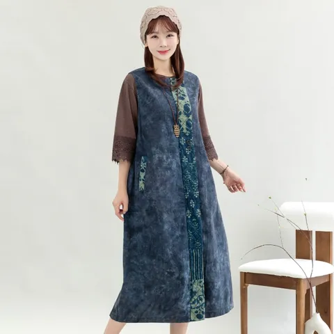 인디고 배색 원피스 /마담 미시 중년 여성 빅사이즈 40대 50대