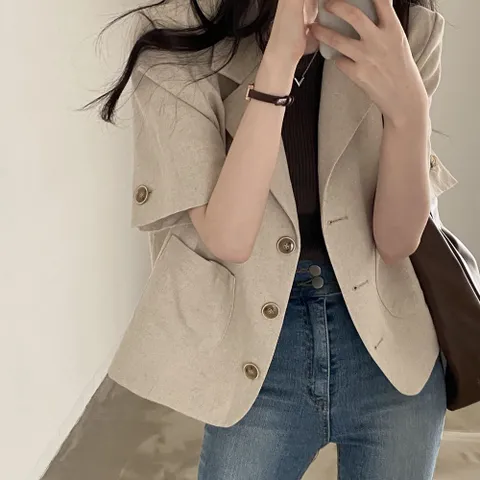 베이지 린넨크롭 베이직 검정 여름 마 여성 짧  린넨크롭자켓  짧은  여자여름  반팔  숏자켓