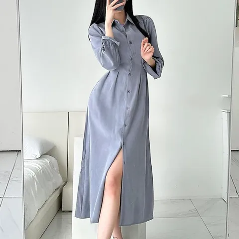 [하프클럽/여자 데일리룩 슬릿 트임 카라 셔츠 롱 원피스