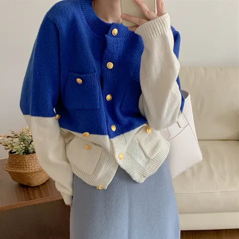 뉴욜리 금장버튼 배색 가디건