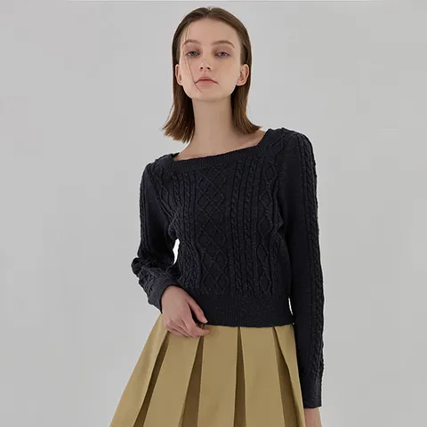 [나인] [정상가 :79000원] 스퀘어넥 케이블 퍼프 니트 탑T-6615