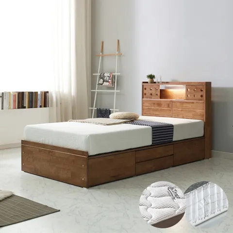 루시 LED 고무나무 서랍형 침대 SS+미니포켓 투탑