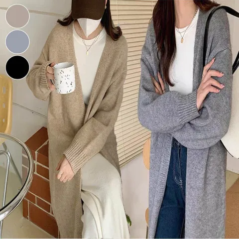 여성 코트 스타일 롱 가디건 로브 겨울 노버튼 아우터