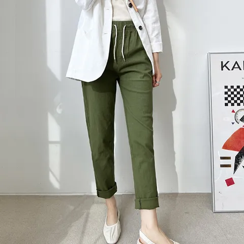 [sado]여성 시원한 린넨 배기팬츠 여름9부바지 허리밴딩L800G