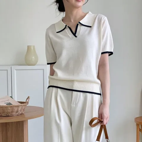 피케니트 반팔 시보리 배색 단정한 카라티셔츠