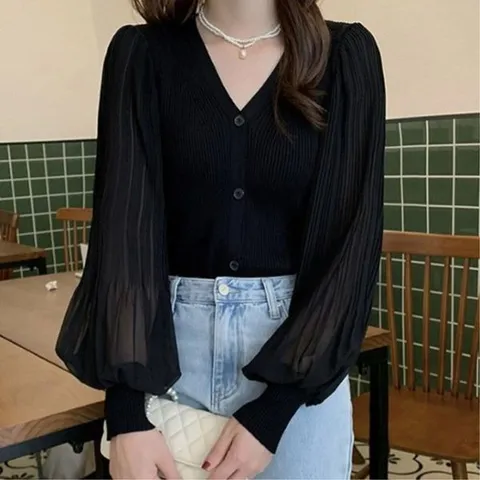 [하프클럽/여성 러블리 퍼프소매 브이넥 골지 가디건