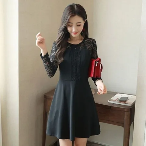 결혼식 레이스소매 라운드넥 하객룩원피스 원피스 소 소매레이스원피스 소매원피스 레이스원피스