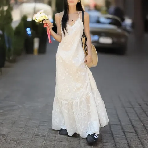 여성 여름 화이트 레이스 슬링 드레스 롱 스커트