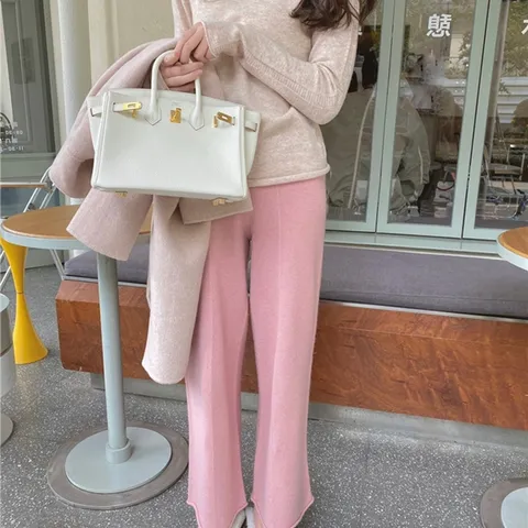 [하프클럽/나인포시즌]슬린 핑크 몸빼바지 밴딩 레직기 니트 롱 일자 와이드 팬츠 일바지 트레이닝복