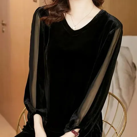 [브리치] 제로투올샵 / 브이넥 골드 벨벳 긴팔 티셔츠 브이넥티 검정색