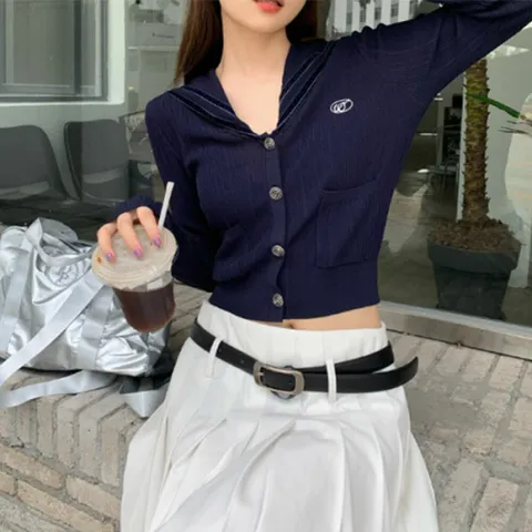 슈팅스타 / 심플 자수로고 세일러카라 크롭 숏 슬림 가디건