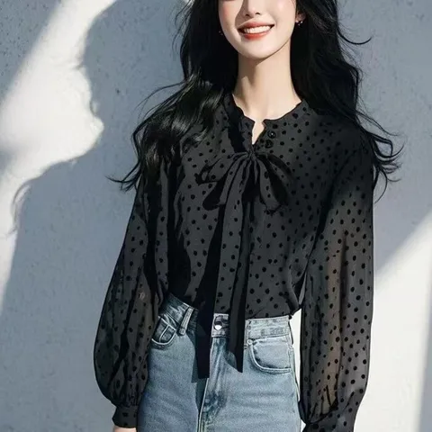 [브리치] 제로투올샵 / 프렌치 스타일 블랙 도트 블라우스 블랙 S