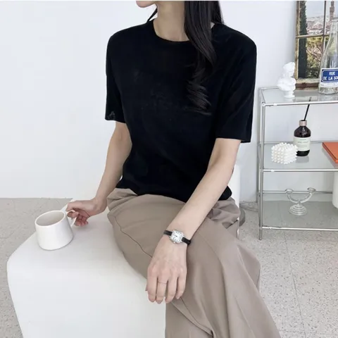 여성 1025 린넨 여름라운드 반팔니트 여름린넨니트 린넨반팔티 린넨라운드티 여름반팔니트