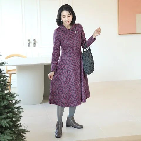 N2749 도트체크 둥근카라 정장원피스 50대 엄마옷