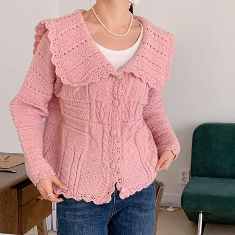 [하프클럽] 뜨개니트 빅카라 봄자켓 하객 크림색 펀칭가디건