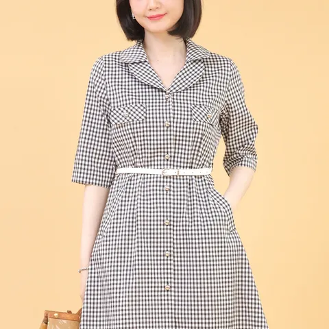 애비뉴투지 엄마옷 고방 체크 셔츠 카라 단추 주머니 여름 칠부 롱 정장 허리벨트 빅사이즈 원피스 K07317