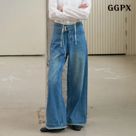 정상가 119000원ㅣ벨티드 체크 배색 와이드 데님 팬츠 (GPCTA010D)