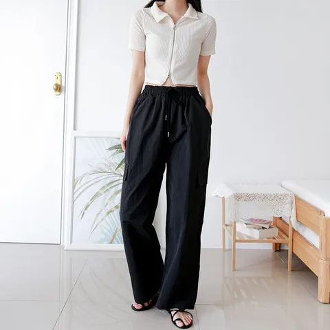 [하프클럽/코디제이]여자 바지 나일론카고와이드 밴딩팬츠 오버핏 포켓 데일리룩 루즈핏 홈웨어