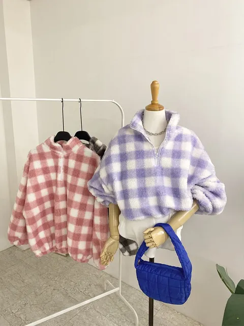 [브리치] 허니제이 / 아님블 배색 체크 뽀글이 반집업 맨투맨(3color)