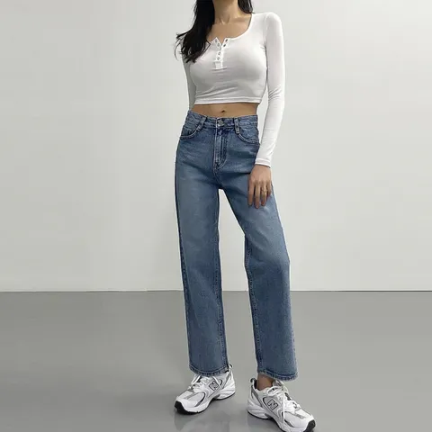 [브리치] 러블리감성 / 유미 워싱 세미 와이드 청바지