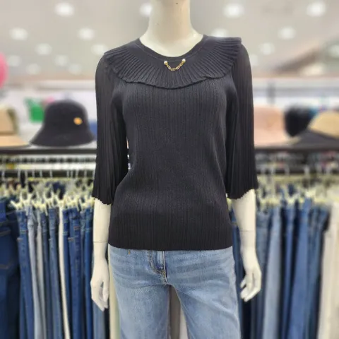 여성 브랜드 24신상 니트 칠부 레이온 반짝이 스판 골지 티셔츠JEU5WSL310_US