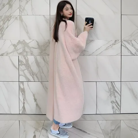 [M7] 여자 분홍 클래식 캐쥬얼 밍크 퍼 롱가디건