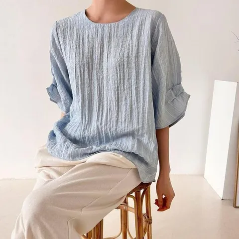 [하프클럽] 여성 핀턱 하늘색 반소매 지지미 벌룬 블라우스