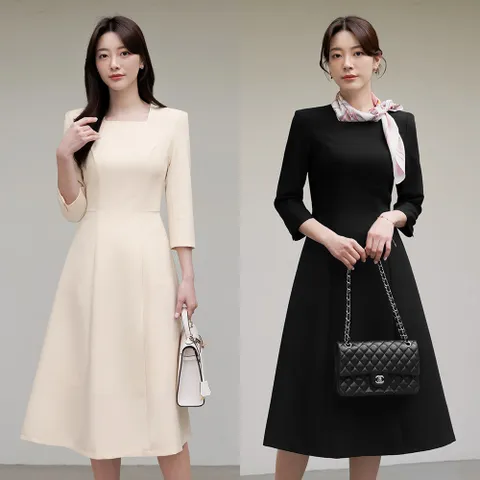 (~XXL까지) 베노이 스퀘어넥 7부소매 플레어 원피스 봄 가을 하객룩 데이트룩 모임룩 미시룩 빅사이즈