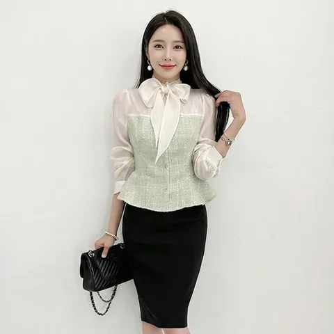 [하프클럽] 글램 유즈미 리본 트위드 블라우스 ST8022B