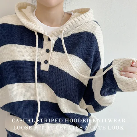 [루즈핏/귀여움가득] 캐주얼 스트라이프 단가라 후드 니트, 긴팔니트, 가을코디, 꾸안꾸룩~