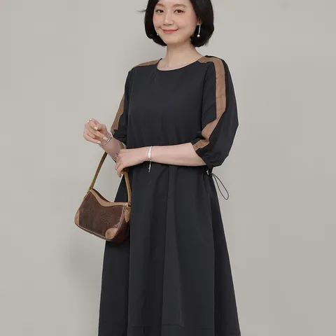 애비뉴투지 엄마옷 끌로레 배색 여성 봄 가을 칠부 허리스트링 롱 원피스 O09227 50대 60대 중년여성