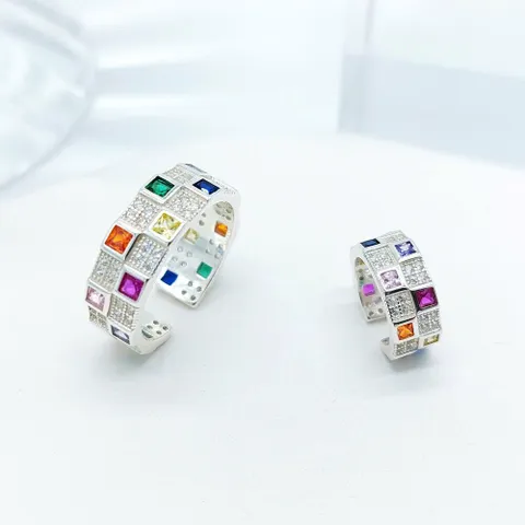 [브리치] 리즈타라 / 실버 925 레인보우 멀티 큐빅 반지 이어커프 2종 세트