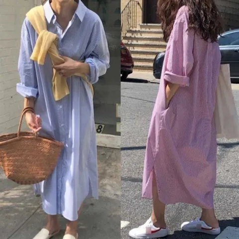 롱원피스 스트라이프 루즈핏 셔츠 원피스 봄 나들이룩 박시핏 스트라이프 셔츠형원피스