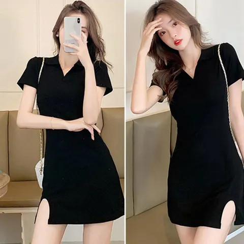 여성 트임 브이넥 카라 슬림라인 블랙 미니 원피스