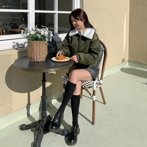 [하프클럽/여자 푸들 카라 셔링 겨울 캐주얼룩 숏 항공 패딩 점퍼