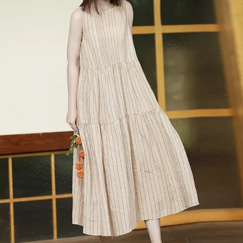 쿠잉 핀턱 스트라이프 민소매/나시 여성 롱 원피스 휴가룩/휴양지/여름원피스 - 242285