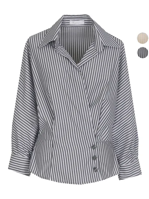 여성 오디 스트라이프 봄가을 랩 블라우스