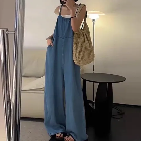 데님 와이드핏 멜빵 팬츠 린블리멜빵팬츠
