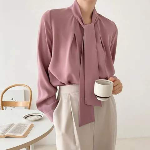 여자 겨울블라우스 도톰 보우 타이 하객룩 긴팔 셔츠