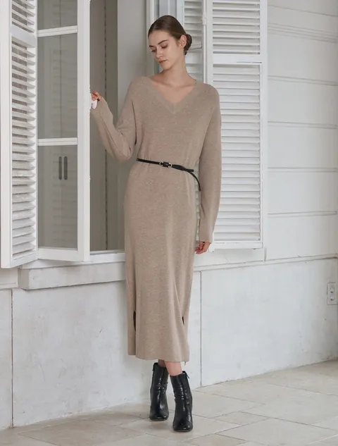 에브리데이]벨티드 브이넥 니트 롱 원피스 (EB3OW023D)
