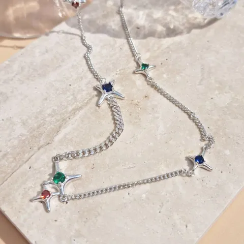 [브리치] 리즈타라 / 실버 925 레인보우 별 큐빅 체인 목걸이 은 레이어드