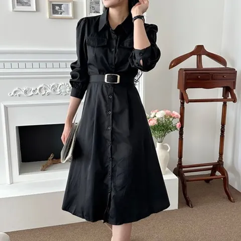 [하프클럽] 흑맥주 봄 가을 결혼식 하객룩 셔츠원피스 오피스룩 상견례 블랙 베이지 카키 바스락 플레어 카라