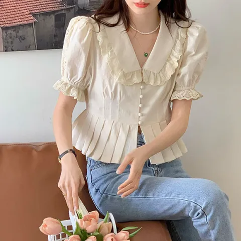 [브리치]  / 레이스 주름 여성스러운 스티칭 플리츠 반팔 셔츠