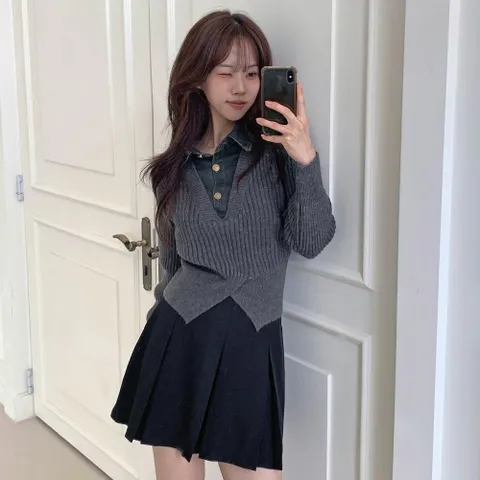 [다잇템] 여성 데님셔츠 골지니트 코디 언발브이넥
