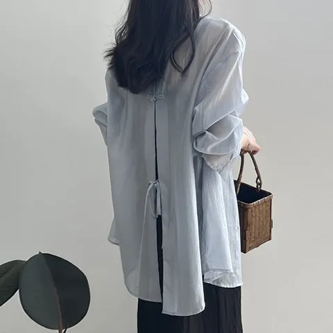 2580997 - 샤이니 뒷트임 시스루 여성롱블라우스 빅사이즈블라우스 시스루블라우스 오버핏셔츠 여성셔츠 롱