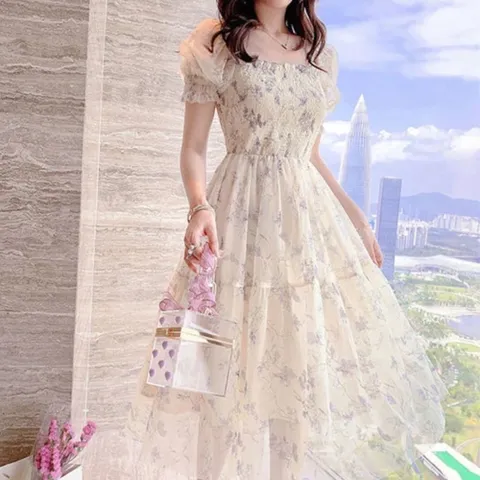 키밍 여름 쉬폰 꽃무늬 원피스 반팔 롱 여성 치마 여름원피스 원피스 쉬폰 꽃무늬원피스