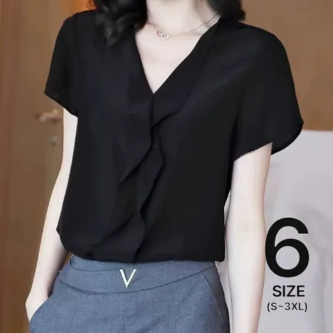 [브리치] 제로투올샵 / 반팔 브이넥 쉬폰 블라우스 세련된 여름 편안한 프릴 검정색/ 6사이즈